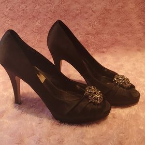 Black high heels open toe satin finish